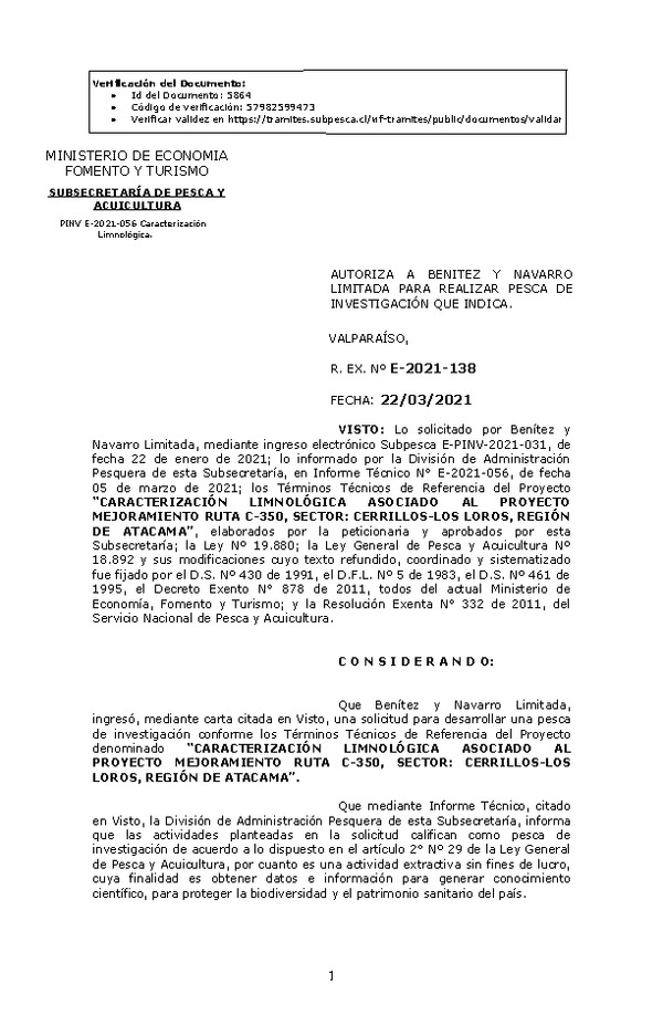 R. EX. Nº E-2021-138 Caracterización limnológica asociado al proyecto mejoramiento Ruta C-350, Sector: Cerrillos-Los Loros, Región de Atacama. (Publicado en Página Web 23-03-2021)