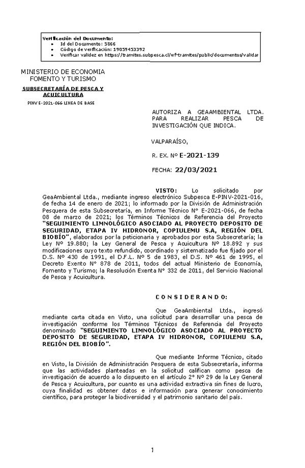 R. EX. Nº E-2021-139 Seguimiento Limnológico Asociado al Proyecto Deposito de Seguridad, Etapa IV Hidronor, Copiulemu S.A, Región del Biobío.  (Publicado en Página Web 23-03-2021)