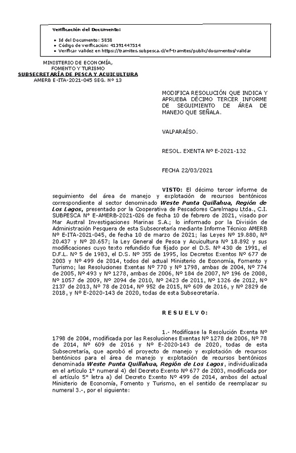 RESOL. EXENTA Nº E-2021-132 Modifica Resolución que Indica. Aprueba 13° Seguimiento. (Publicado en Página Web 23-03-2021)