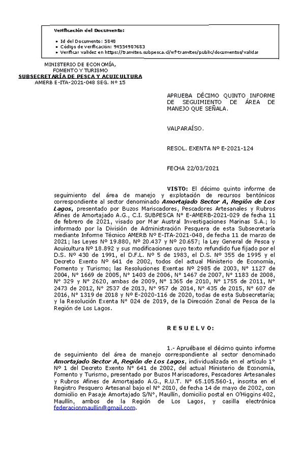 RESOL. EXENTA Nº E-2021-124 Aprueba 15° Seguimiento. (Publicado en Página Web 23-03-2021)