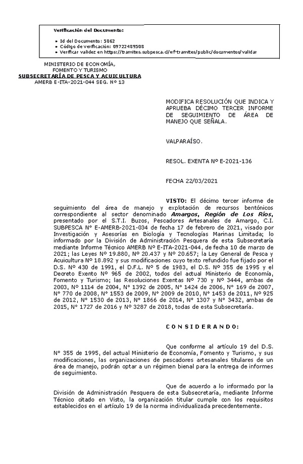 RESOL. EXENTA Nº E-2021-136 Modifica Resolución que Indica. Aprueba 13° Seguimiento. (Publicado en Página Web 23-03-2021)