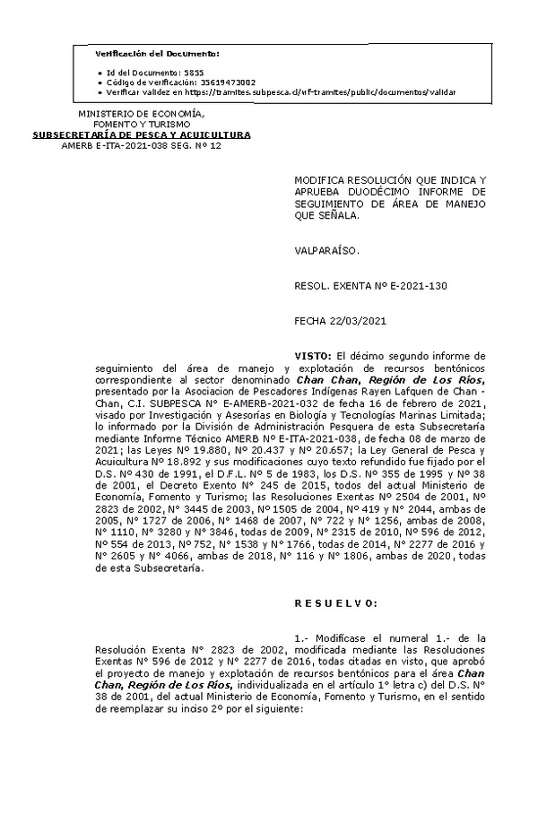 RESOL. EXENTA Nº E-2021-130 Modifica Resolución que Indica. Aprueba 12° Seguimiento. (Publicado en Página Web 23-03-2021)