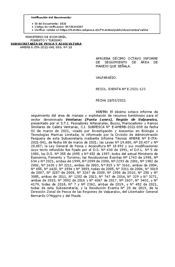 RESOL. EXENTA Nº E-2021-123 Aprueba 18° Seguimiento. (Publicado en Página Web 23-03-2021)