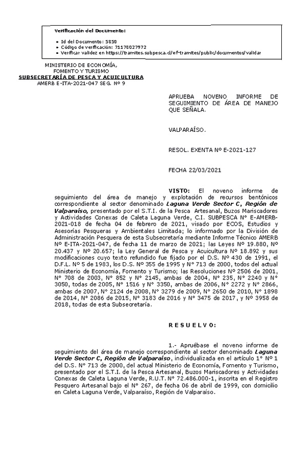 RESOL. EXENTA Nº E-2021-127 Aprueba 9° Seguimiento. (Publicado en Página Web 23-03-2021)