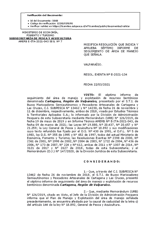 RESOL. EXENTA Nº E-2021-134 Modifica Resolución que Indica. Aprueba 7° Seguimiento. (Publicado en Página Web 23-03-2021)