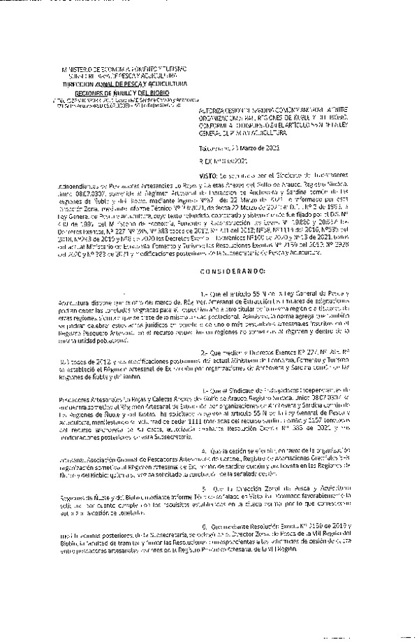 Res. Ex. N° 033-2021 (DZP Ñuble y del Biobío) Autoriza cesión Sardina Común y Anchoveta Región de Ñuble-Biobío (Publicado en Página Web 23-03-2021)