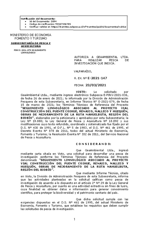 R. EX. Nº E-2021-147 Seguimiento Limnológico Asociado al Proyecto Vial Construcción del Puente Coihue, Renaico, Malleco y Huequén, Obras de Mejoramiento de la Ruta Nahuelbuta, Región del Biobío. (Publicado en Página Web 23-03-2021)