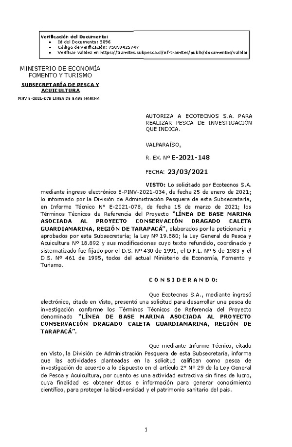 R. EX. Nº E-2021-148 Línea de Base Marina Asociada al Proyecto Conservación Dragado Caleta Guardiamarina, Región de Tarapacá. (Publicado en Página Web 23-03-2021)