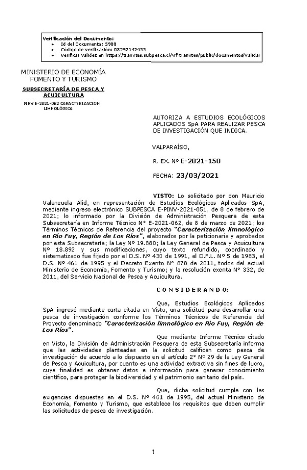 R. EX. Nº E-2021-150 Caracterización limnológico en Río Fuy, Región de Los Ríos. (Publicado en Página Web 23-03-2021)