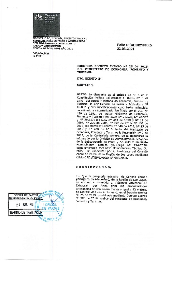 Dec. Ex. Folio N° DEXE202100032 Modifica Dec Ex. N° 25-2015 Establece Régimen Artesanal de Extracción por Área y por Organización de Pescadores Artesanales, Congrio Dorado en la Región de Los Lagos. (Publicado en Página Web 24-03-2021)