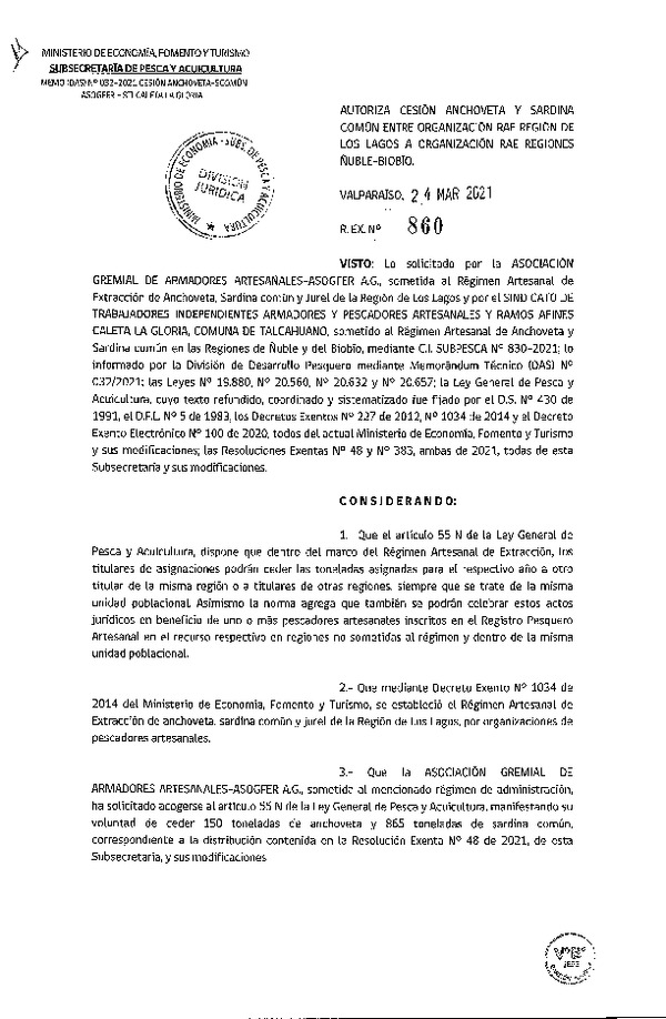 Res. Ex. N° 860-2021 Autoriza Cesión anchoveta y sardina común Región de Valparaíso a Región del Biobío. (Publicado en Página Web 25-03-2021).