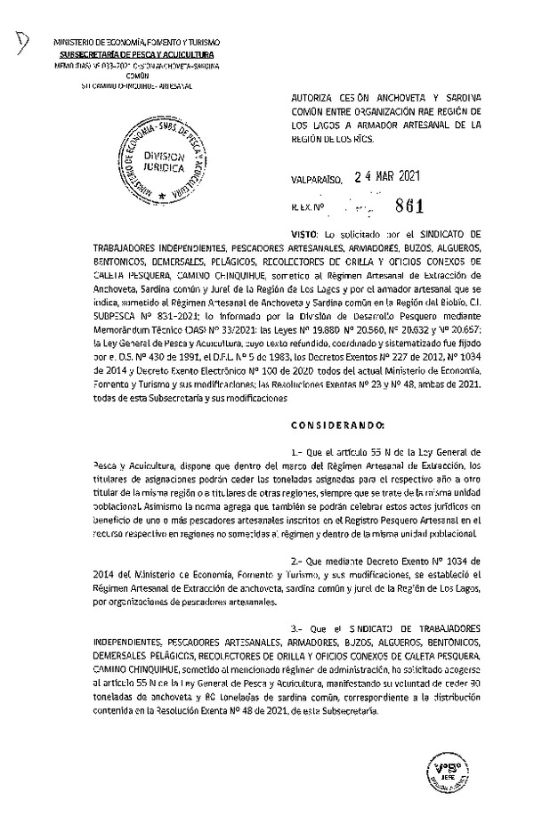 Res. Ex. N° 861-2021 Autoriza Cesión anchoveta y sardina común Región de Los Lagos a Región de Los Ríos. (Publicado en Página Web 25-03-2021).