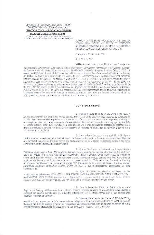 Res. Ex. N° 036-2021 (DZP Ñuble y del Biobío) Autoriza cesión Merluza Común. (Publicado en Página Web 25-03-2021)