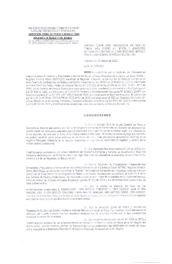 Res. Ex. N° 037-2021 (DZP Ñuble y del Biobío) Autoriza cesión Merluza Común. (Publicado en Página Web 25-03-2021)