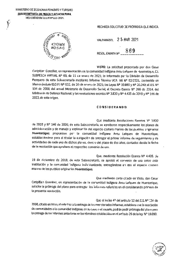 Res. Ex. N° 869-2021 Rechaza Solicitud de Prórroga que Indica. (Publicado en Página Web 25-03-2021)