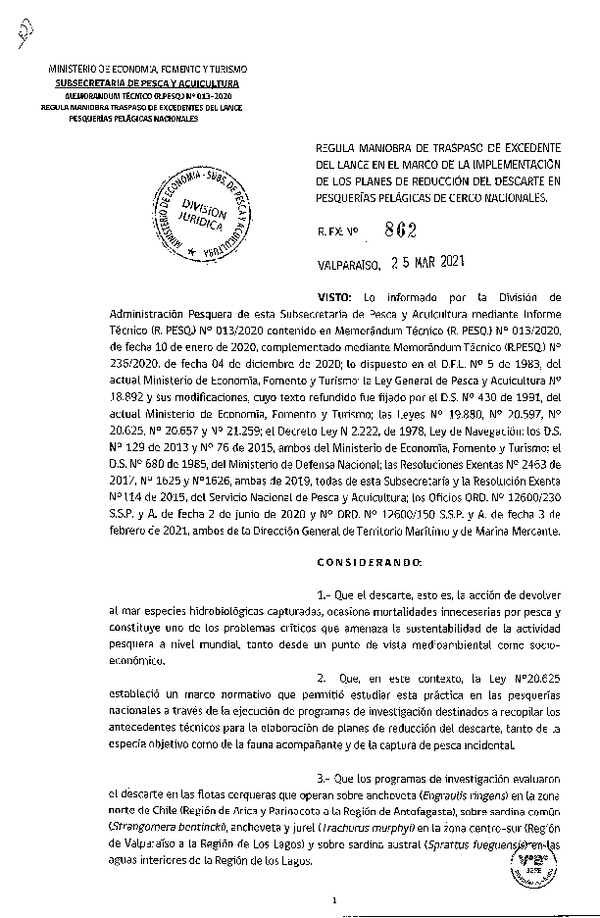 Res. Ex. N° 862-2021 Regula Maniobra de Traspaso de Excedente del Lance en el Marco de la Implementación de los Planes de Reducción del Descarte en Pesquerías Pelágicas de Cerco Nacionales. (Publicado en Página Web 25-03-2021)