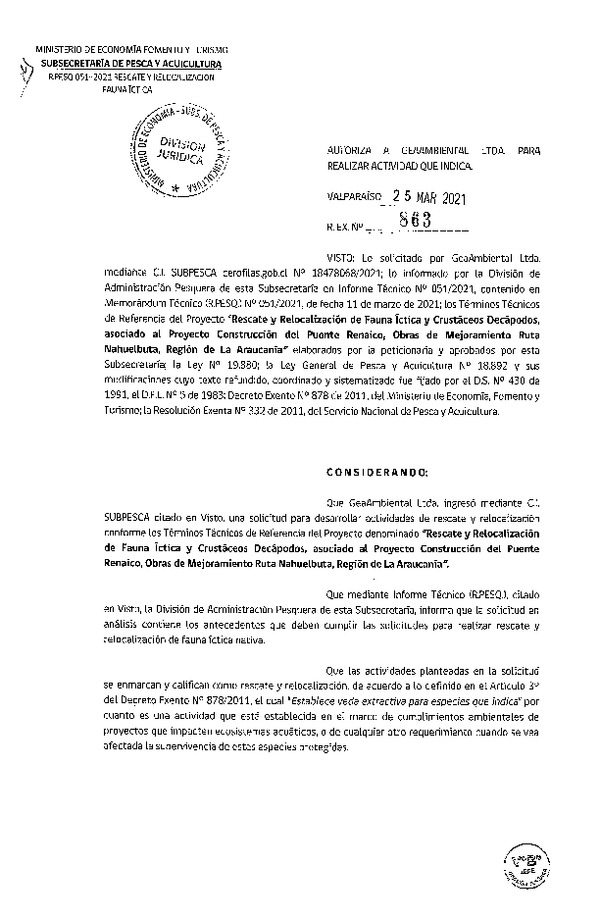 Res. Ex. N° 863-2021 Rescate y Relocalización de Fauna Íctitca y crustáceos Decápodos, Región de La Araucanía. (Publicado en Página Web 25-03-2021)