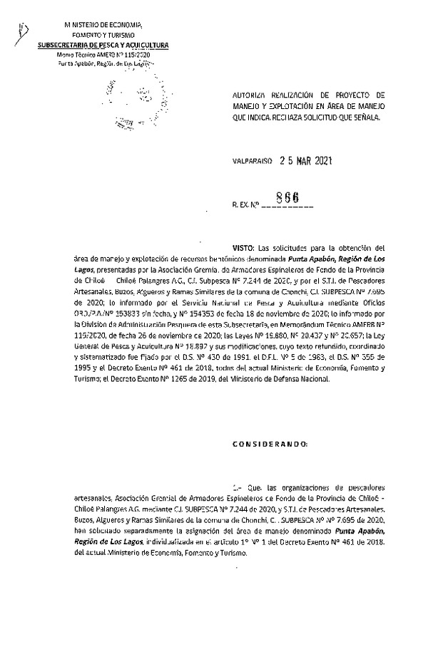 Res. Ex. N° 866-2021 Autoriza Proyecto de Manejo. (Publicado en Página Web 25-03-2021)