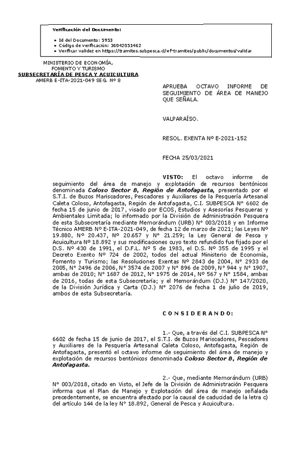 RESOL. EXENTA Nº E-2021-152 Aprueba 8° Seguimiento. (Publicado en Página Web 25-03-2021)