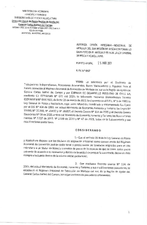 Res. Ex. N° 017-2021 (DZP Región de Aysén) Autoriza cesión Merluza del Sur. (Publicado en Página Web 25-03-2021)