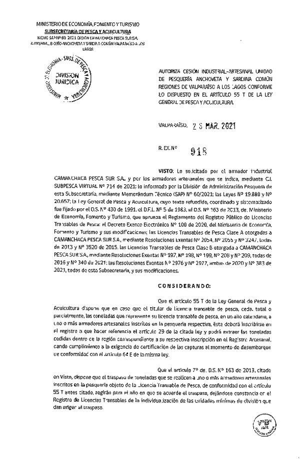 Res. Ex. N° 918-2021 Autoriza Cesión Anchoveta, Regiones de Valparaíso a Los Lagos. (Publicado en Página Web 26-03-2021)