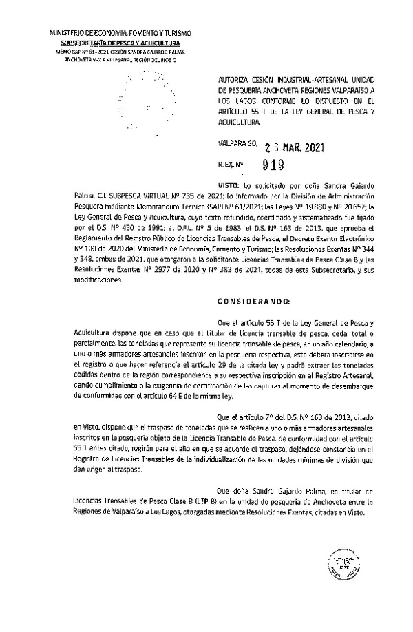 Res. Ex. N° 919-2021 Autoriza Cesión Anchoveta, Regiones de Valparaíso a Los Lagos. (Publicado en Página Web 26-03-2021)
