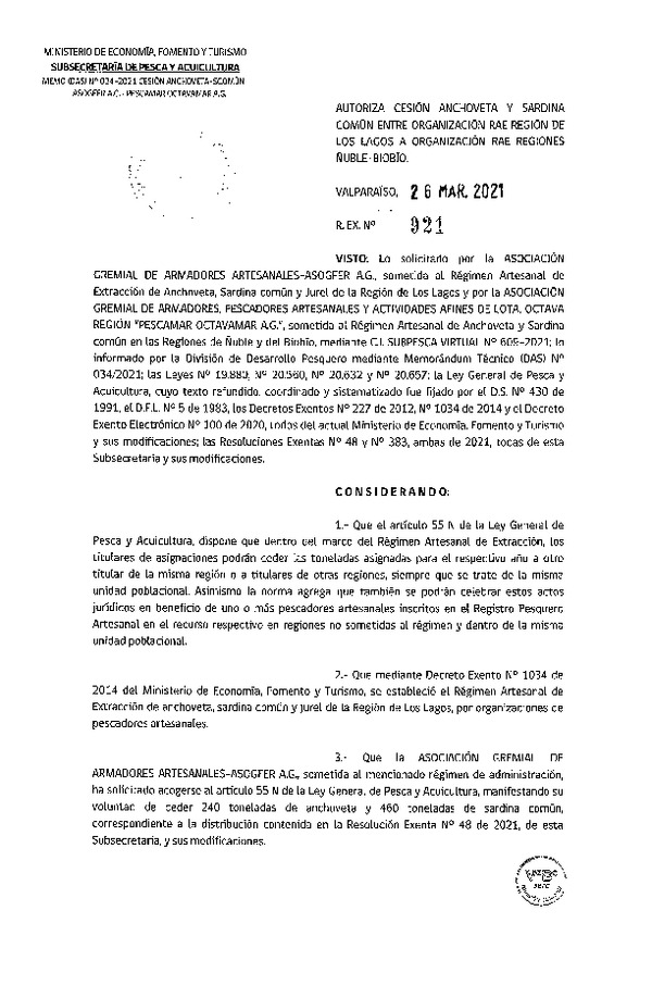 Res. Ex. N° 921-2021 Autoriza Cesión anchoveta y sardina común Región de Los Lagos a Región de Ñuble- Biobío. (Publicado en Página Web 26-03-2021).