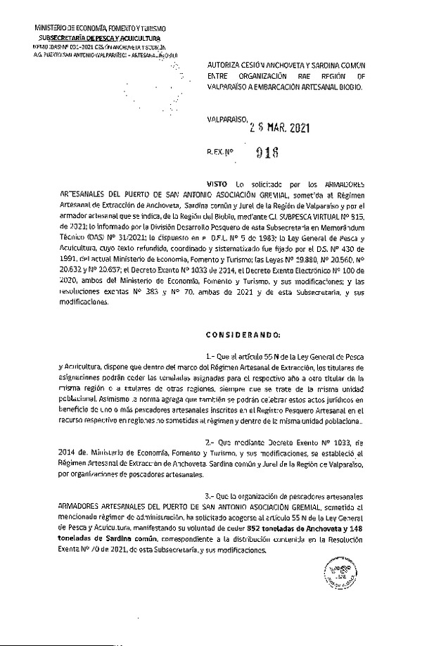 Res. Ex. N° 916-2021 Autoriza Cesión anchoveta y sardina común Región de Valparaíso a Región del Biobío. (Publicado en Página Web 26-03-2021).