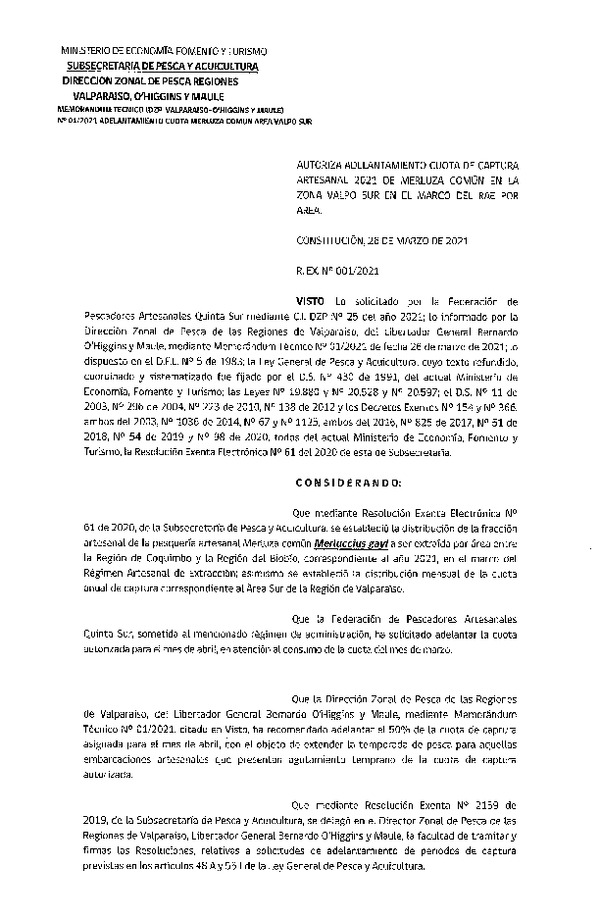 Res. Ex. N° 001-2021 (DZP Regiones de Valparaíso -O'Higgins y Maule) Autoriza adelantamiento de cuota de captura artesanal 2021, Merluza común, Zona VALPO SUR de la Región de Valparaíso. (Publicado en Página Web 26-03-2021)