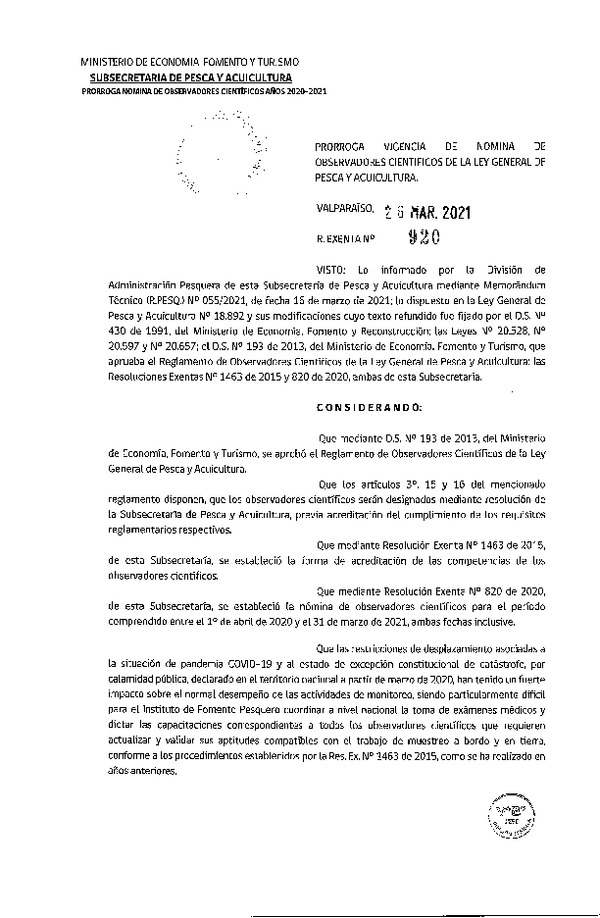 Res. Ex. N° 920-2021 Prorroga Vigencia de Nómina de Observadores Científicos de la Ley General de Pesca y Acuicultura. (Publicado en Página Web 26-03-2021)