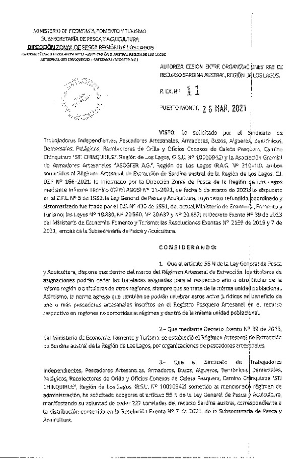 Res. Ex. 11-2021 (DZP Los Lagos) Autoriza cesión sardina austral Región de Los Lagos. (Publicado en Página Web 26-03-2021)