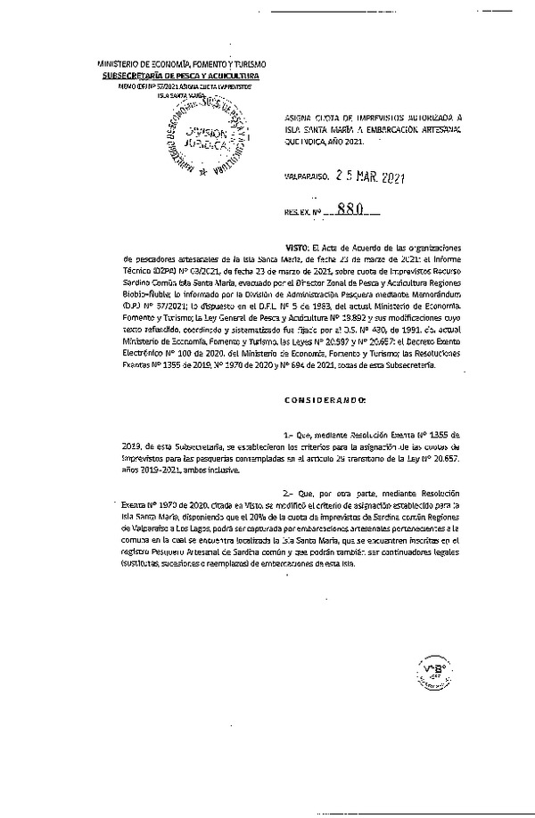 Res. Ex. N° 880-2021 Asigna Cuota de Imprevistos Autorizada a Isla Santa María a Embarcación que Indica, Año 2021. (Publicado en Página Web 16-09-2020) (F.D.O. 26-03-2021)