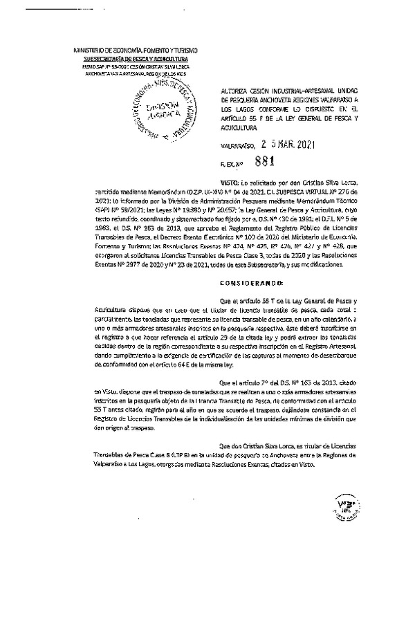 Res. Ex. N° 881-2021 Autoriza Cesión Anchoveta, Regiones de Valparaíso a Los Lagos. (Publicado en Página Web 26-03-2021)