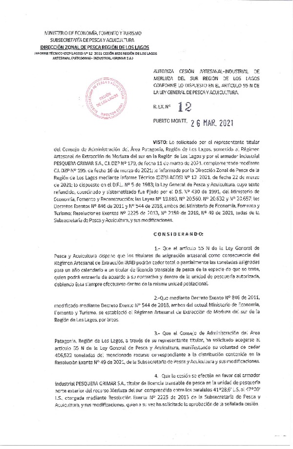 Res. Ex. N° 12-2021 (DZP Región de Los Lagos) Autoriza cesión Merluza del Sur (Publicado en Página Web 26-03-2021).