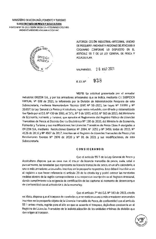 Res. Ex. N° 938-2021 Autoriza cesión pesquería Anchoveta, Regiones de Atacama a Coquimbo. (Publicado en Página Web 26-03-2021)