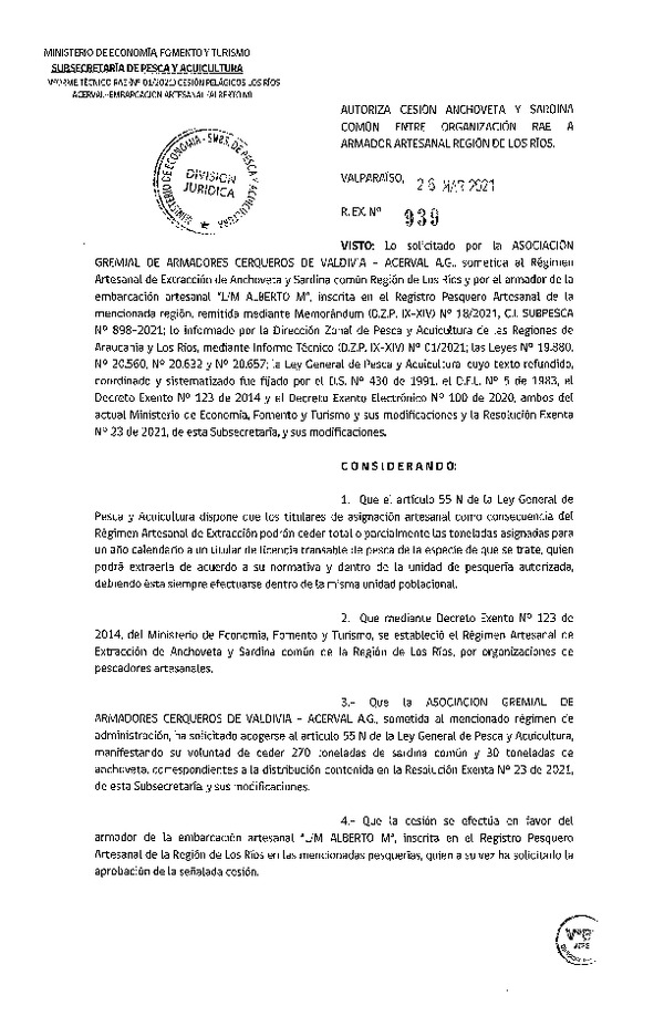 Res. Ex. N° 939-2021 Autoriza Cesión anchoveta y sardina común Región del Los Ríos. (Publicado en Página Web 26-03-2021).