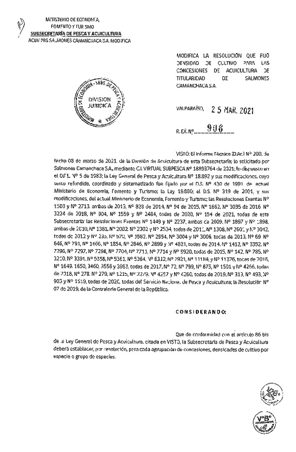 Res. Ex. N° 906-2021 Modifica Res Ex N° 1559-2020, Fija densidad de cultivo para las concesiones de acuicultura de titularidad de Salmones Camanchaca S.A. (Con Informe Técnico) (Publicado en Página Web 29-03-2021).