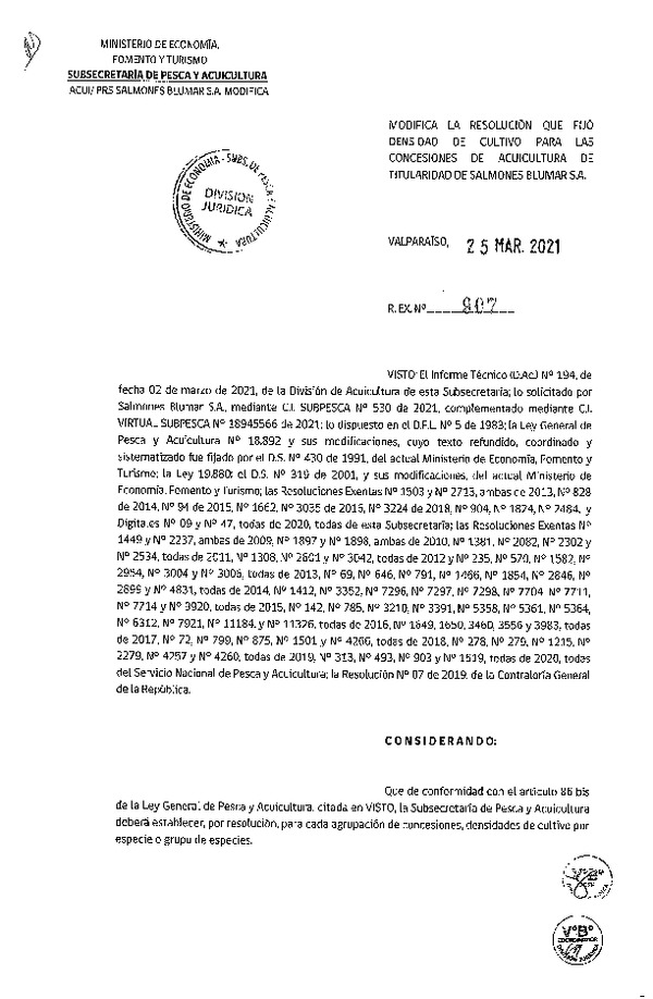 Res. Ex. N° 907-2021 Modifica Res. Ex. DIG N° 009-2020, Fija densidad de cultivo para las concesiones de acuicultura de titularidad de Brumar S.A. (Publicado en Página Web 29-03-2021).