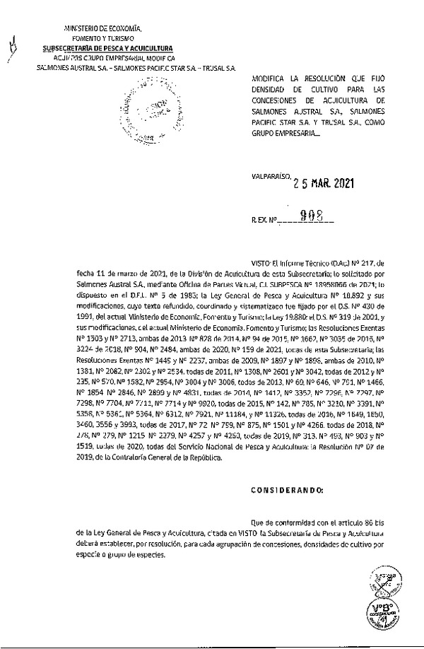 Res. EX. N° 908-2021 Modifica Res. Ex. 159-2021 Fija densidad de cultivo para concesiones de acuicultura de titularidades que Indica. (Con Informe Técnico) (Publicado en Página Web 29-03-2021)