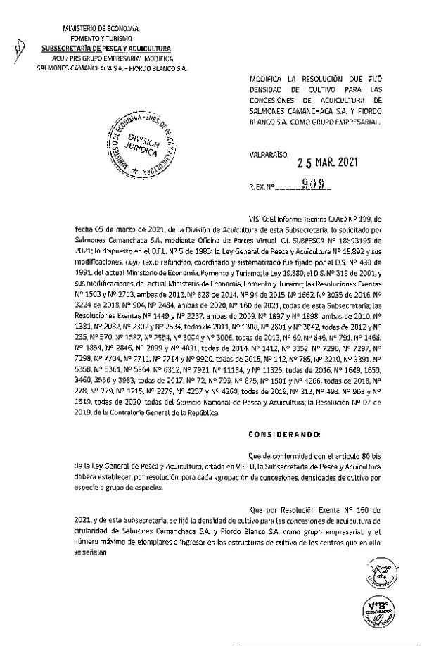 Res. Ex. N° 909-2021 Modifica Res. Ex. 160-2021 Fija densidad de cultivo para concesiones de acuicultura de titularidad como grupo empresarial que señala. (Con Informe Técnico) (Publicado en Página Web 29-03-2021)