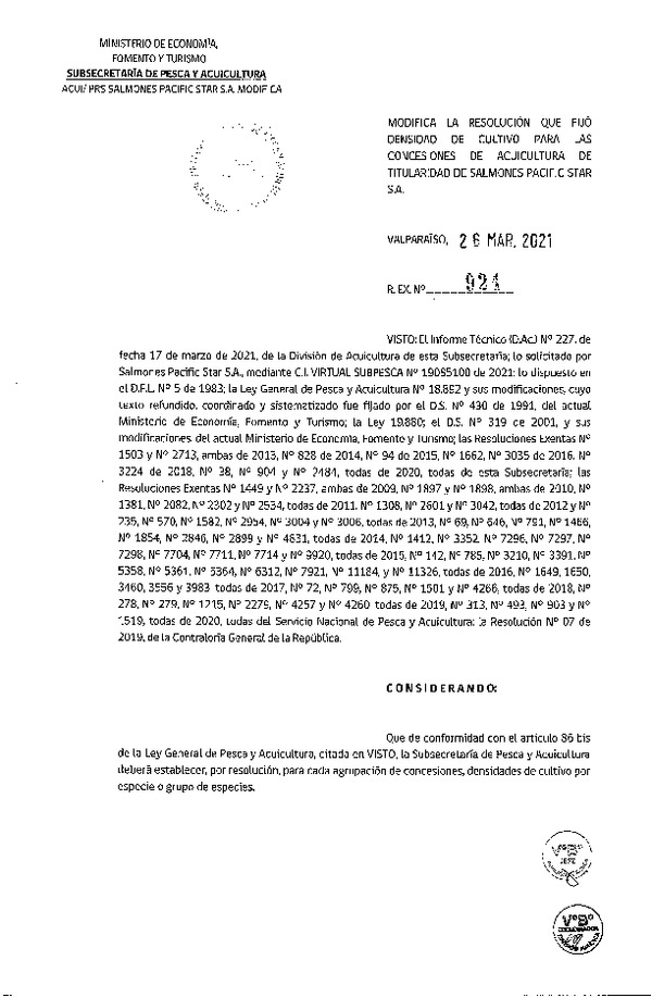 Res. Ex. N° 924-2021 Modifica Res. Ex. N° 38-2020 Fija densidad de cultivo para concesiones de acuicultura de titularidad. (Con Informe Técnico) (Publicado en Página Web 29-03-2021)