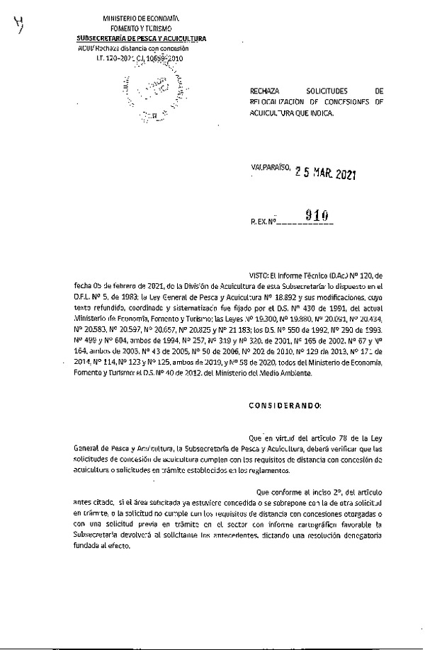 Res. Ex. N° 910-2021 Rechaza solicitudes de relocalización de concesiones de acuicultura que indica.