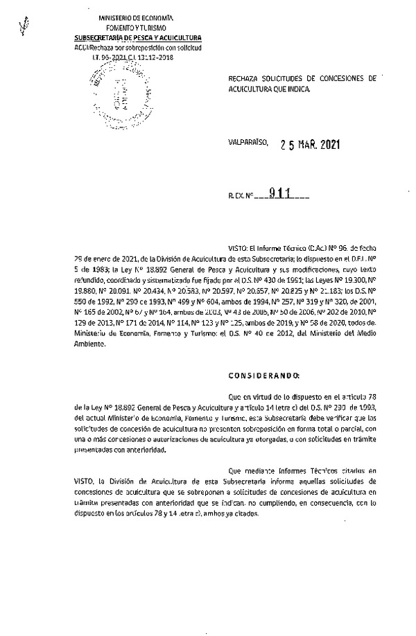 Res. Ex. N° 911-2021 Rechaza solicitudes de concesiones de acuicultura que indica.