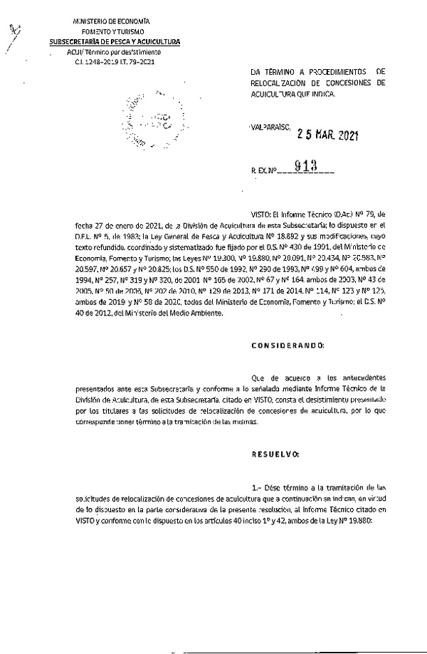 Res. Ex. N° 913-2021 Da término a procedimientos de relocalización de concesiones de acuicultura que indica.