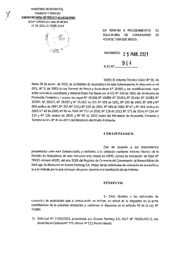 Res. Ex. N° 914-2021 Da término a procedimientos de relocalización de concesiones de acuicultura que indica.