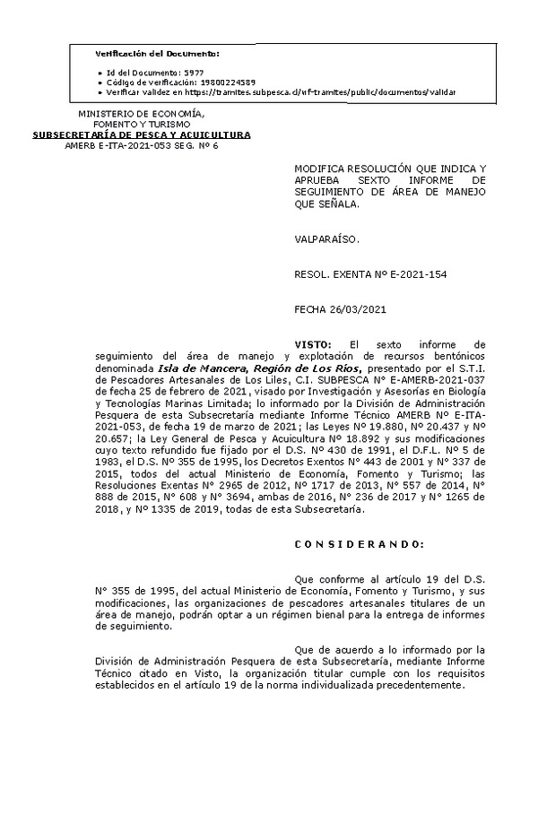 RESOL. EXENTA Nº E-2021-154 Modifica Resolución que Indica y Aprueba 6° Seguimiento. (Publicado en Página Web 29-03-2021)