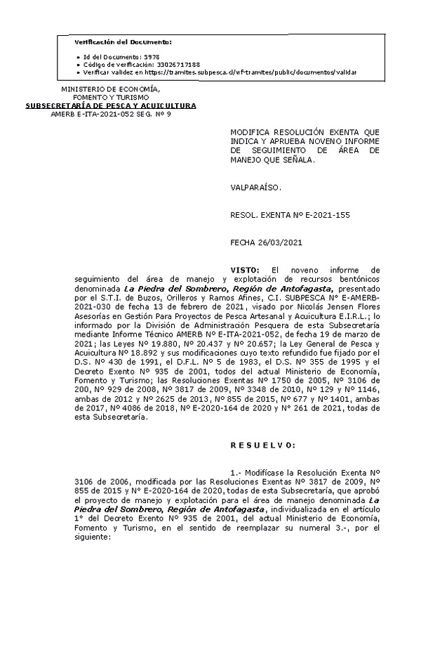 RESOL. EXENTA Nº E-2021-155 Modifica Resolución que Indica y Aprueba 9° Seguimiento. (Publicado en Página Web 29-03-2021)