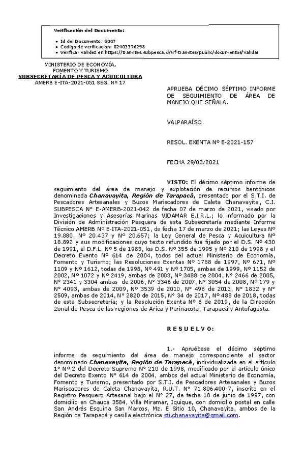 RESOL. EXENTA Nº E-2021-157 Aprueba 17° Seguimiento. (Publicado en Página Web 29-03-2021)