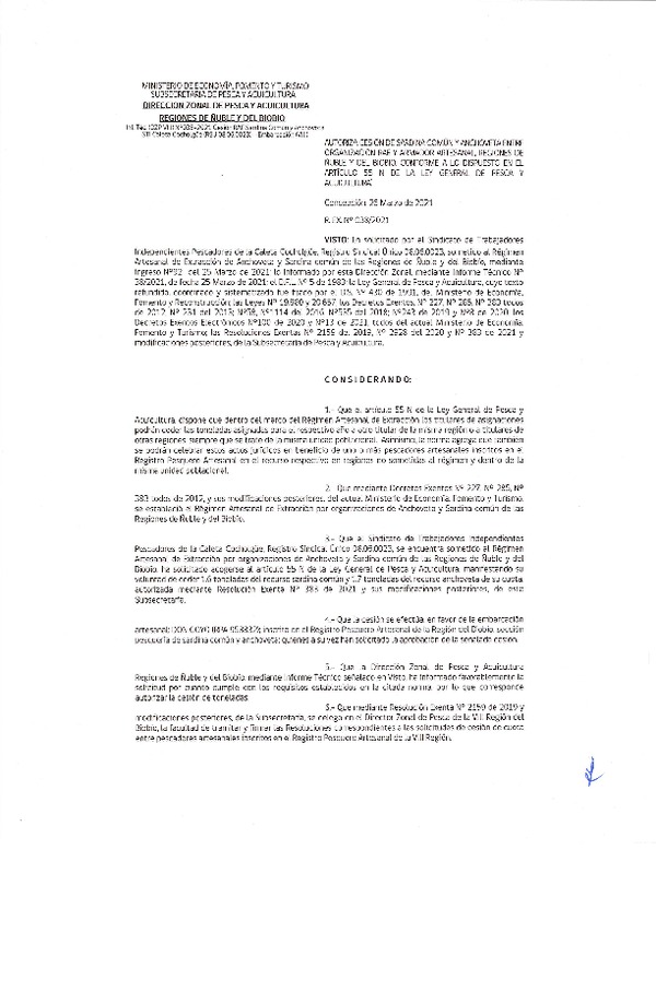 Res. Ex. N° 038-2021 (DZP Ñuble y del Biobío) Autoriza cesión Sardina Común y Anchoveta Región de Ñuble-Biobío (Publicado en Página Web 30-03-2021)