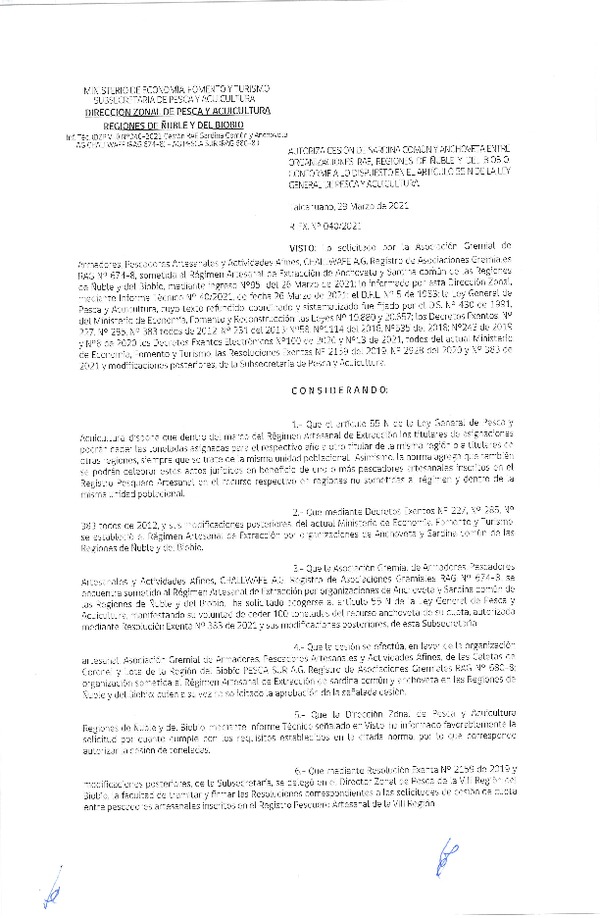 Res. Ex. N° 040-2021 (DZP Ñuble y del Biobío) Autoriza cesión Sardina Común y Anchoveta Región de Ñuble-Biobío (Publicado en Página Web 30-03-2021)